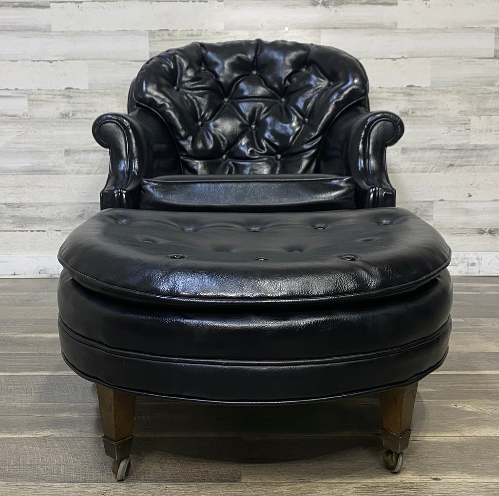 Mid Century Black Tufted Chair & Ottoman